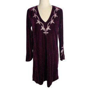 RusttyDustty Velvet Shift Dress M Purple V Neck Embroidered Long Sleeves